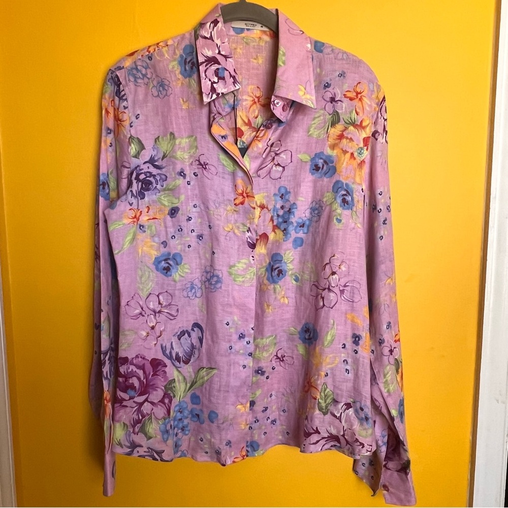 Etro Pink Floral Linen Shirt with Multicolor Blooms